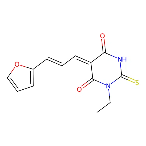 (Z)-1-ethyl-5-((E)-3-(furan-2-yl)allylidene)-2-thioxodihydropyrimidine-4,6(1H,5H)-dione structure
