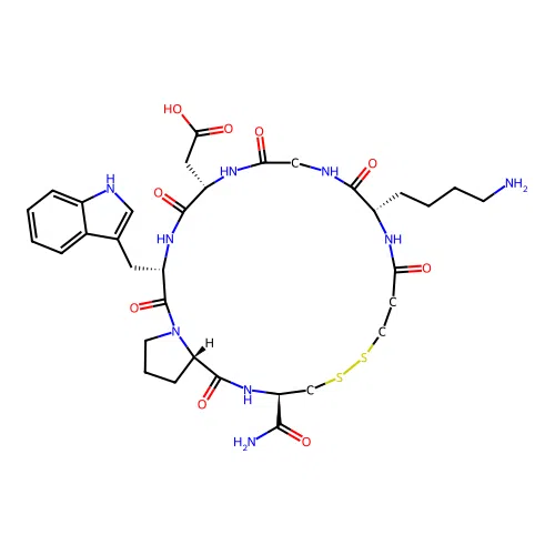 2-((3R,11S,17S,20S,25aS)-20-((1H-indol-3-yl)methyl)-11-(4-aminobutyl)-3-carbamoyl-1,9,12,15,18,21-hexaoxodocosahydro-7H-pyrrolo[2,1-g][1,2]dithia[5,8,11,14,17,20]hexaazacyclotricosin-17-yl)acetic acid structure