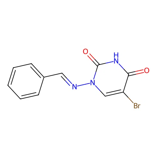 1-[(E)-benzylideneamino]-5-bromopyrimidine-2,4-dione structure
