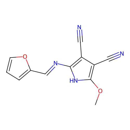 (E)-2-((furan-2-ylmethylene)amino)-5-methoxy-1H-pyrrole-3,4-dicarbonitrile structure