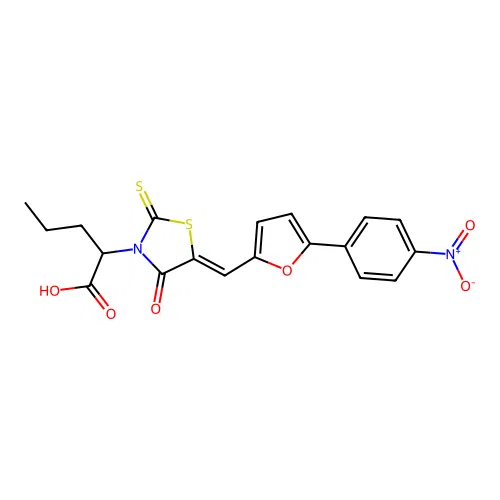 (Z)-2-(5-((5-(4-nitrophenyl)furan-2-yl)methylene)-4-oxo-2-thioxothiazolidin-3-yl)pentanoic acid structure