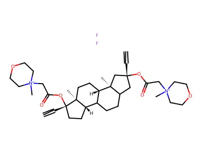 A-Norpregn-20-yne-2,17-diol, 2-ethynyl-, bis((4-methylmorpholinum-yl)acetate), diiodide, (2-beta,5-alpha,17-alpha)- structure