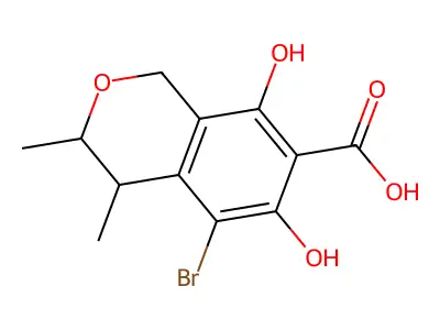 3,4-Dihydro-5-bromo-6,8-dihydroxy-3,4-dimethyl-1H-2-benzopyran-7-carboxylic acid structure
