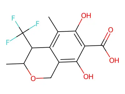 3,4-Dihydro-6,8-dihydroxy-3,5-dimethyl-4-(trifluoromethyl)-1H-2-benzopyran-7-carboxylic acid structure