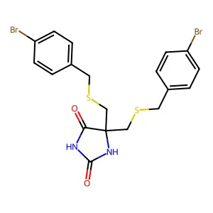 5,5-Bis((((4-bromophenyl)methyl)thio)methyl)-2,4-imidazolidinedione structure