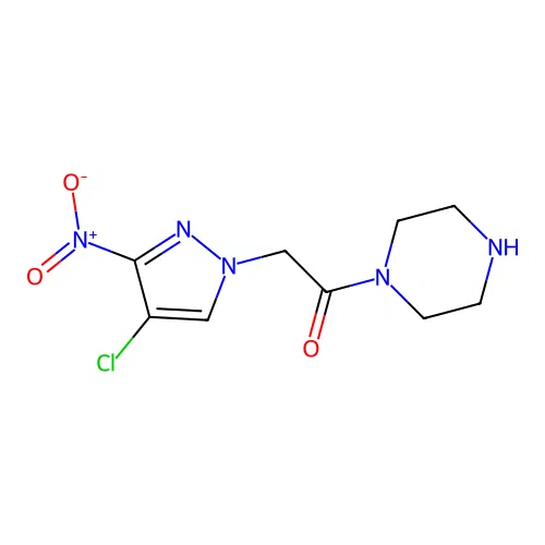2-(4-chloro-3-nitro-1H-pyrazol-1-yl)-1-(piperazin-1-yl)ethanone structure