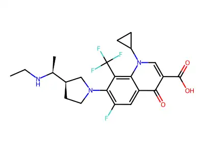 3-Quinolinecarboxylic acid, 1,4-dihydro-1-cyclopropyl-7-(3-(1-(ethylamino)ethyl)-1-pyrrolidinyl)-6-fluoro-4-oxo-8-(trifluoromethyl)-, (S-(R*,S*))- structure