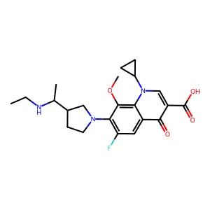 (S-(R,S))-1-Cyclopropyl-7-(3-(1-(ethylamino)ethyl)-1-pyrrolidinyl)-6-fluoro-1,4-dihydro-8-methoxy-4-oxo-3-quinolinecarboxylic acid structure