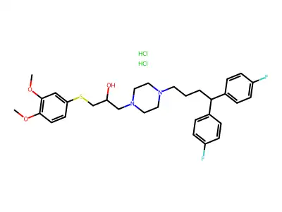 1-Piperazineethanol, 4-(4,4-bis(4-fluorophenyl)butyl)-alpha-(((3,4-dimethoxyphenyl)thio)methyl)-, dihydrochloride structure