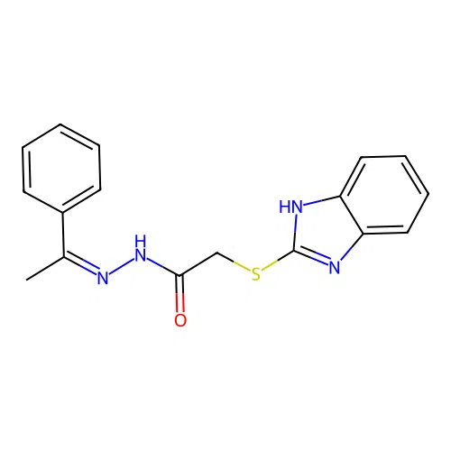 (Z)-2-((1H-benzo[d]imidazol-2-yl)thio)-N'-(1-phenylethylidene)acetohydrazide structure