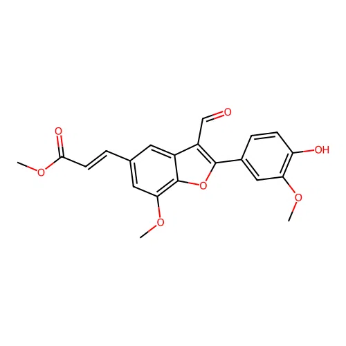 Methyl (E)-3-[3-formyl-2-(4-hydroxy-3-methoxy-phenyl)-7-methoxy-benzofuran-5-yl]prop-2-enoate structure