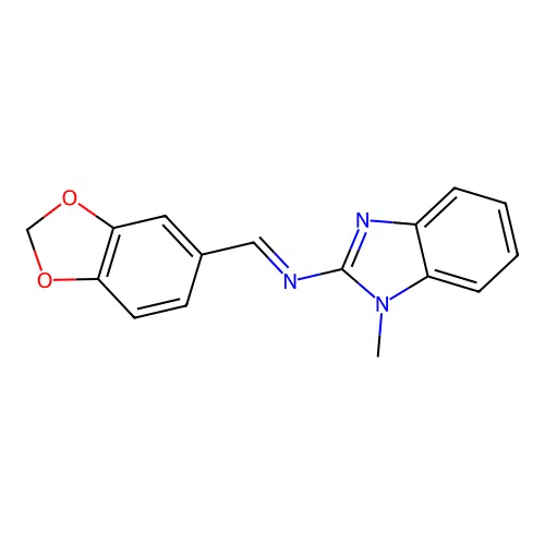 N-[(E)-1,3-benzodioxol-5-ylmethylidene]-1-methyl-1H-benzimidazol-2-amine structure