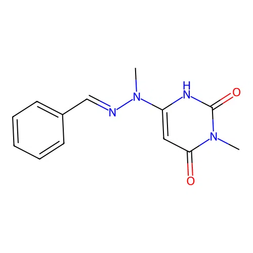 6-[(2E)-2-benzylidene-1-methylhydrazinyl]-3-methylpyrimidine-2,4(1H,3H)-dione structure