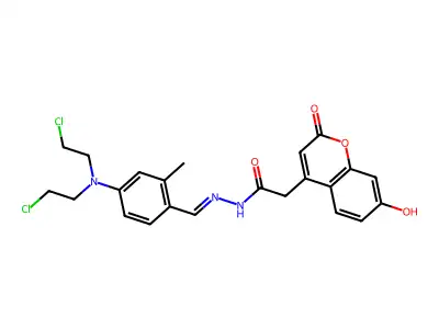 N-[[4-[bis(2-chloroethyl)amino]-2-methyl-benzylidene]amino]-2-(7-hydroxy-2-keto-chromen-4-yl)acetamide structure