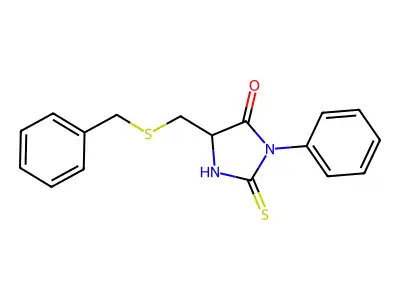 5-(Benzylsulfanylmethyl)-3-phenyl-2-sulfanylideneimidazolidin-4-one structure