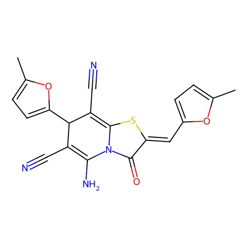 (Z)-5-amino-7-(5-methylfuran-2-yl)-2-((5-methylfuran-2-yl)methylene)-3-oxo-3,7-dihydro-2H-thiazolo[3,2-a]pyridine-6,8-dicarbonitrile structure