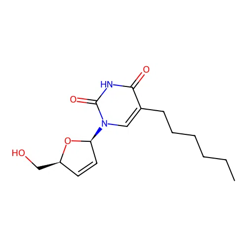 5-hexyl-1-[(2R,5S)-5-(hydroxymethyl)-2,5-dihydrofuran-2-yl]pyrimidine-2,4-dione structure