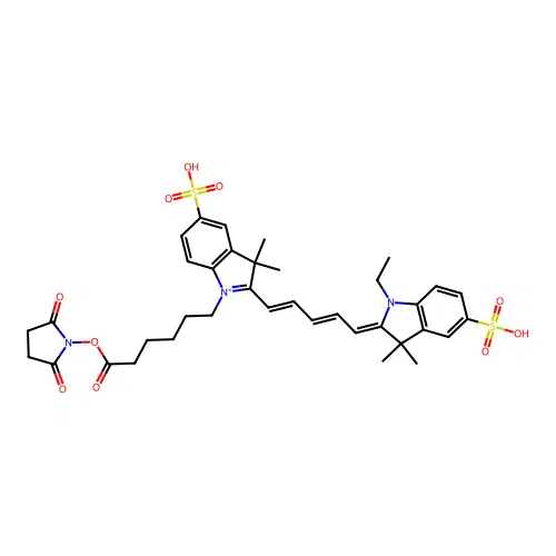 1-[5-[(2,5-Dioxopyrrolizinooxy)carbonyl]pentyl]-2-[(1E,3E)-5-[(E)-1-ethyl-3,3-dimethyl-5-sulfo-1H-indol-2(3H)-ylidene]-1,3-pentadienyl]-3,3-dimethyl-5-sulfo-3H-indol-1-ium structure