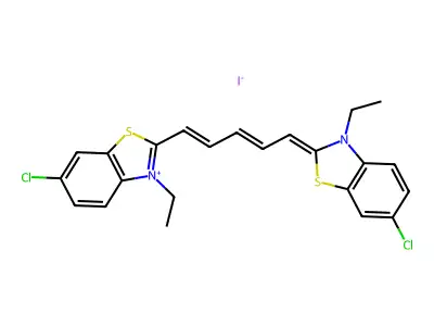 6-Chloro-2-[5-(6-chloro-3-ethyl-1,3-benzothiazol-2(3H)-ylidene)penta-1,3-dien-1-yl]-3-ethyl-1,3-benzothiazol-3-ium iodide structure