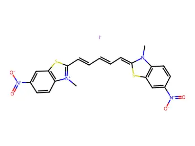 3-Methyl-2-[5-(3-methyl-6-nitro-1,3-benzothiazol-2(3H)-ylidene)penta-1,3-dien-1-yl]-6-nitro-1,3-benzothiazol-3-ium iodide structure