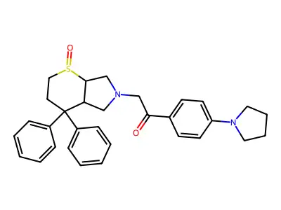 2-(1-oxo-4,4-diphenyl-2,3,4a,5,7,7a-hexahydrothiopyrano[2,3-c]pyrrol-6-yl)-1-(4-pyrrolidin-1-ylphenyl)ethanone structure