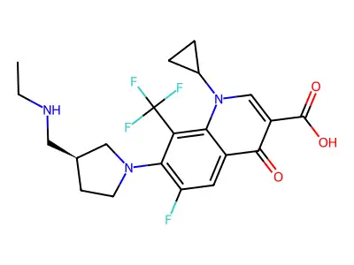 1-Cyclopropyl-6-fluoro-1,4-dihydro-7-(3-ethylaminomethyl-1-pyrrolidinyl)-8-trifluoromethyl-4-oxoquinoline-3-carboxylic acid structure