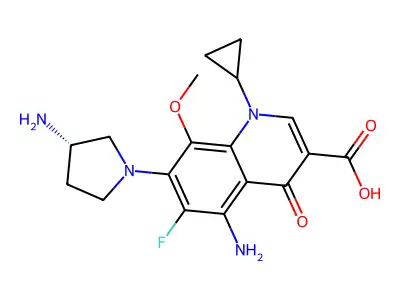 3-Quinolinecarboxylic acid, 1,4-dihydro-5-amino-7-(3-amino-1-pyrrolidinyl)-1-cyclopropyl-6-fluoro-8-methoxy-4-oxo-, (S)- structure