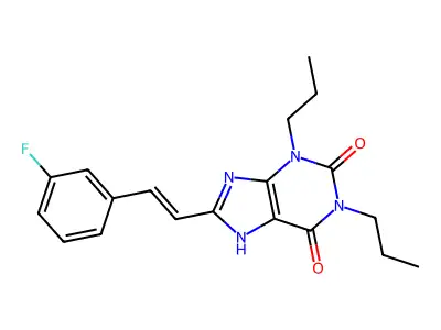 8-[2-(3-fluorophenyl)ethenyl]-1,3-dipropyl-7H-purine-2,6-dione structure