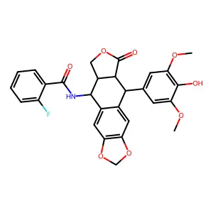 Benzamide, 2-fluoro-N-((5S,5aS,8aR,9R)-5,5a,6,8,8a,9-hexahydro-9-(4-hydroxy-3,5-dimethoxyphenyl)-8-oxofuro(3',4':6,7)naphtho(2,3-d)-1,3-dioxol-5-yl)- structure