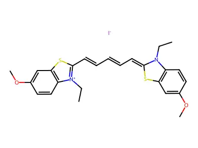 3-Ethyl-2-[5-(3-ethyl-6-methoxy-1,3-benzothiazol-2(3H)-ylidene)penta-1,3-dien-1-yl]-6-methoxy-1,3-benzothiazol-3-ium iodide structure