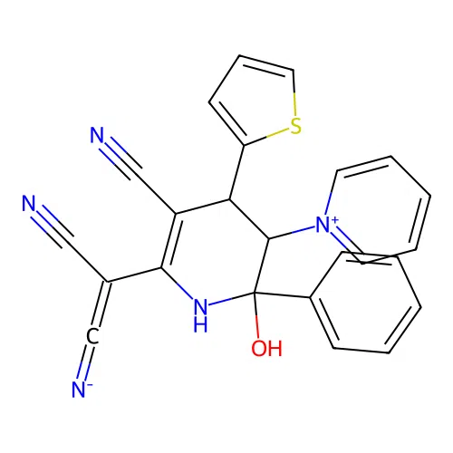[2-cyano-2-(5-cyano-2-hydroxy-2-phenyl-3-pyridin-1-ium-1-yl-4-thiophen-2-yl-3,4-dihydro-1H-pyridin-6-yl)ethenylidene]azanide structure