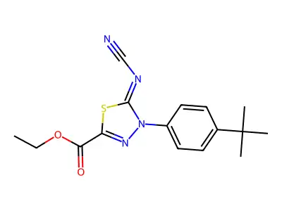 Ethyl 4-(4-tert-butylphenyl)-5-cyanoimino-1,3,4-thiadiazole-2-carboxylate structure