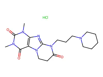 Pyrimido(2,1-f)purine-2,4,8(1H,3H,9H)-trione, 6,7-dihydro-1,3-dimethyl-9-(3-(1-piperidinyl)propyl)-, monohydrochloride structure