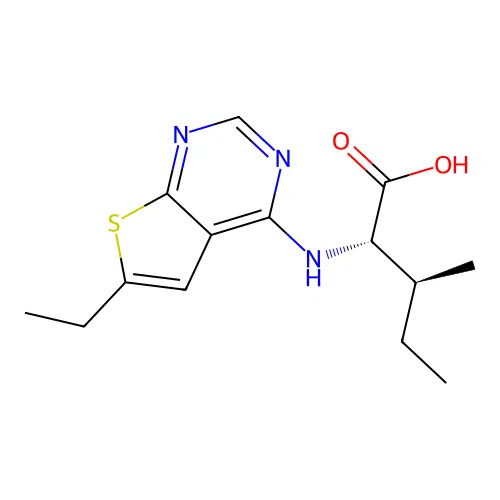 (2S,3S)-2-((6-ethylthieno[2,3-d]pyrimidin-4-yl)amino)-3-methylpentanoic acid structure