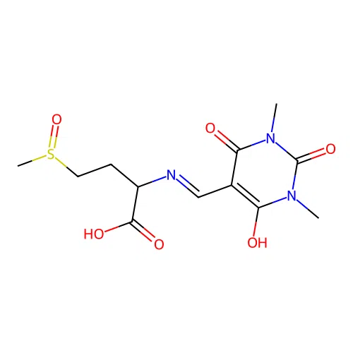 2-(((1,3-dimethyl-2,4,6-trioxotetrahydropyrimidin-5(2H)-ylidene)methyl)amino)-4-(methylsulfinyl)butanoic acid structure