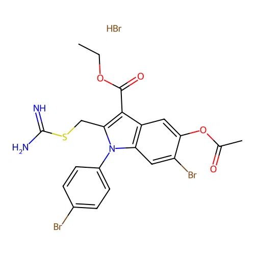 ethyl 5-(acetyloxy)-2-({[amino(imino)methyl]thio}methyl)-6-bromo-1-(4-bromophenyl)-1H-indole-3-carboxylate hydrobromide structure