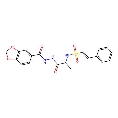 N-{1-[N'-(1,3-dioxaindane-5-carbonyl)hydrazinecarbonyl]ethyl}-2-phenylethene-1-sulfonamide structure
