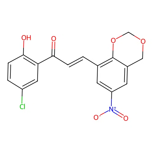 (E)-1-(5-chloro-2-hydroxyphenyl)-3-(6-nitro-4H-1,3-benzodioxin-8-yl)prop-2-en-1-one structure