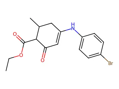 Ethyl 4-((4-bromophenyl)amino)-6-methyl-2-oxo-3-cyclohexene-1-carboxylate structure