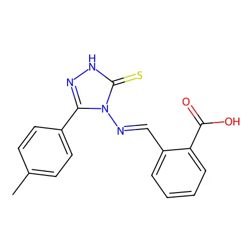 (E)-2-(((3-mercapto-5-(p-tolyl)-4H-1,2,4-triazol-4-yl)imino)methyl)benzoic acid structure