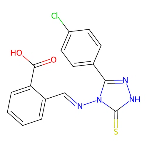 (E)-2-(((3-(4-chlorophenyl)-5-mercapto-4H-1,2,4-triazol-4-yl)imino)methyl)benzoic acid structure