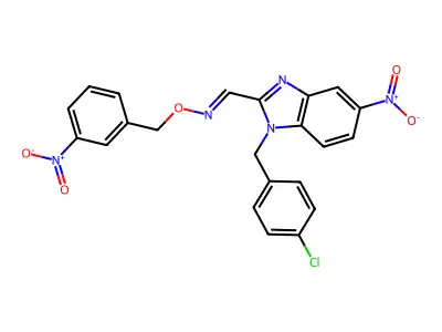 1-[1-[(4-chlorophenyl)methyl]-5-nitrobenzimidazol-2-yl]-N-[(3-nitrophenyl)methoxy]methanimine structure