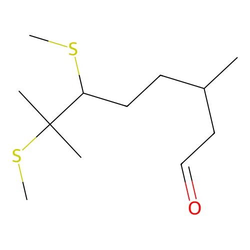 3,7-Dimethyl-6,7-di(methylthio)octanal structure