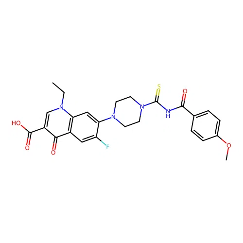 1-ethyl-6-fluoro-7-[4-[(4-methoxybenzoyl)carbamothioyl]piperazin-1-yl]-4-oxoquinoline-3-carboxylic acid structure