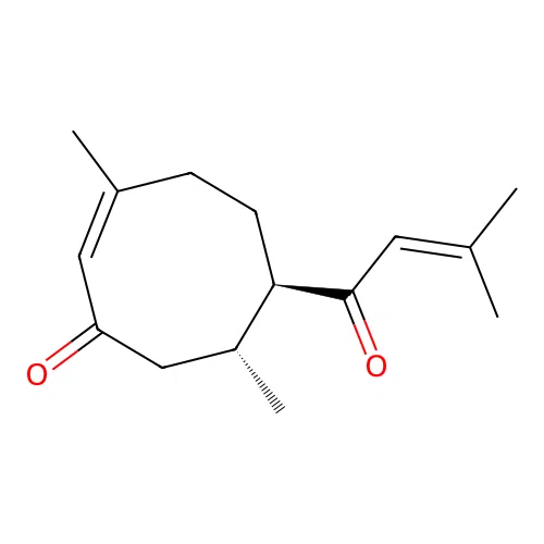 trans-(-)-3,7-Dimethyl-6-(3-methyl-1-oxo-2-butenyl)-2-cycloocten-1-one structure