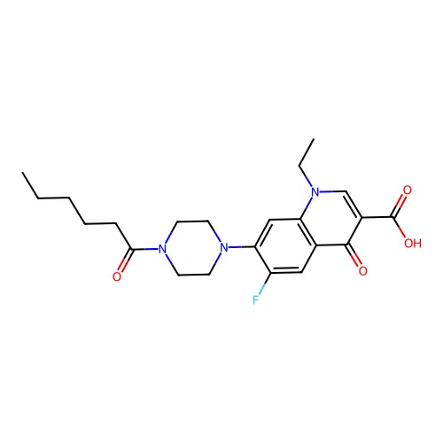 1-ethyl-6-fluoro-7-(4-hexanoylpiperazin-1-yl)-4-oxo-1,4-dihydroquinoline-3-carboxylic acid structure