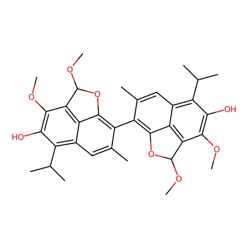 2,2',3,3'-tetramethoxy-7,7'-dimethyl-5,5'-di(propan-2-yl)-2H,2'H-8,8'-binaphtho[1,8-bc]furan-4,4'-diol structure