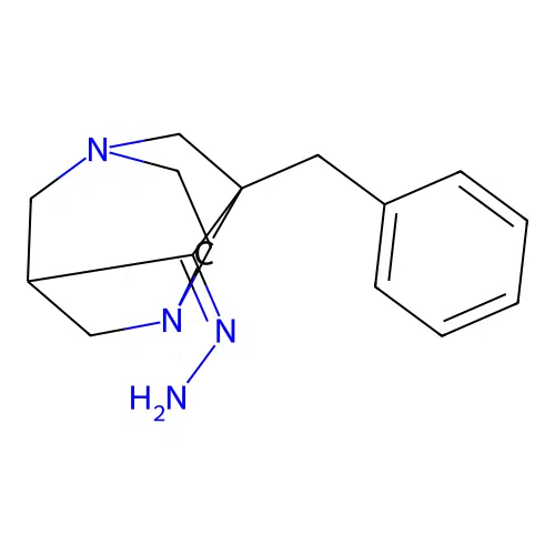 (9E)-1-benzyl-9-hydrazinylidene-3,6-diazatricyclo[4.3.1.1~3,8~]undecane structure
