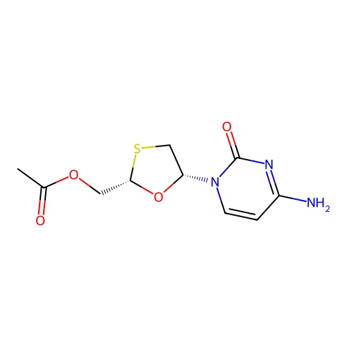 [(2S,5R)-5-(4-amino-2-oxo-pyrimidin-1-yl)-1,3-oxathiolan-2-yl]methyl acetate structure