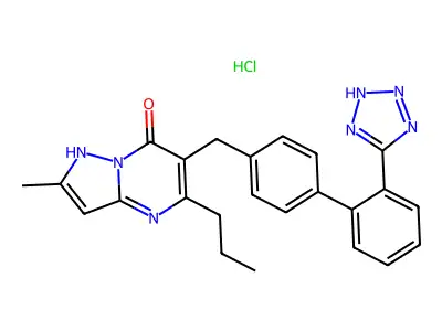 Pyrazolo(1,5-a)pyrimidin-7-ol, 2-methyl-5-propyl-6-((2'-(1H-tetrazol-5-yl)(1,1'-biphenyl)-4-yl)methyl)-, monohydrochloride structure
